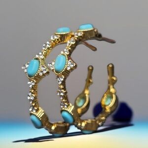 18k Gold Plated Maltese Cross Turquoise Jeweled Crystal Hoop Earrings